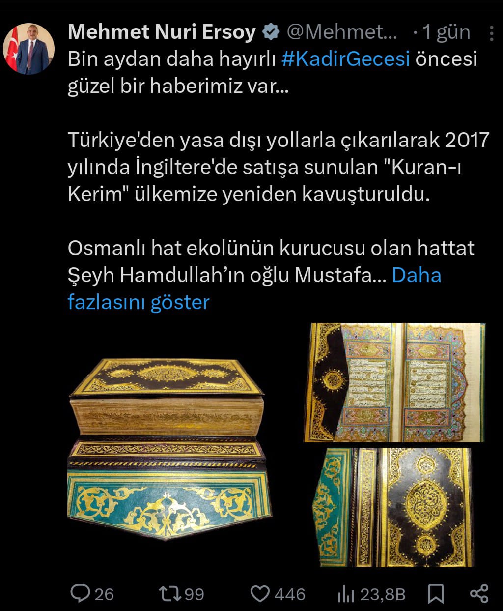 Bakan Ersoy'un Mushafla Ilgili X Paylaşımı
