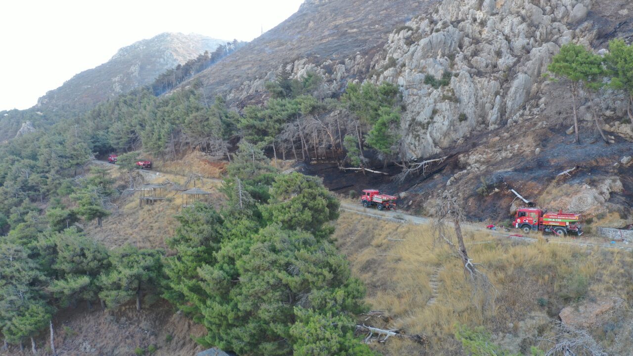  Hatay'ın merkez Antakya ilçesinde dün çıkan orman yangını havadan ve
