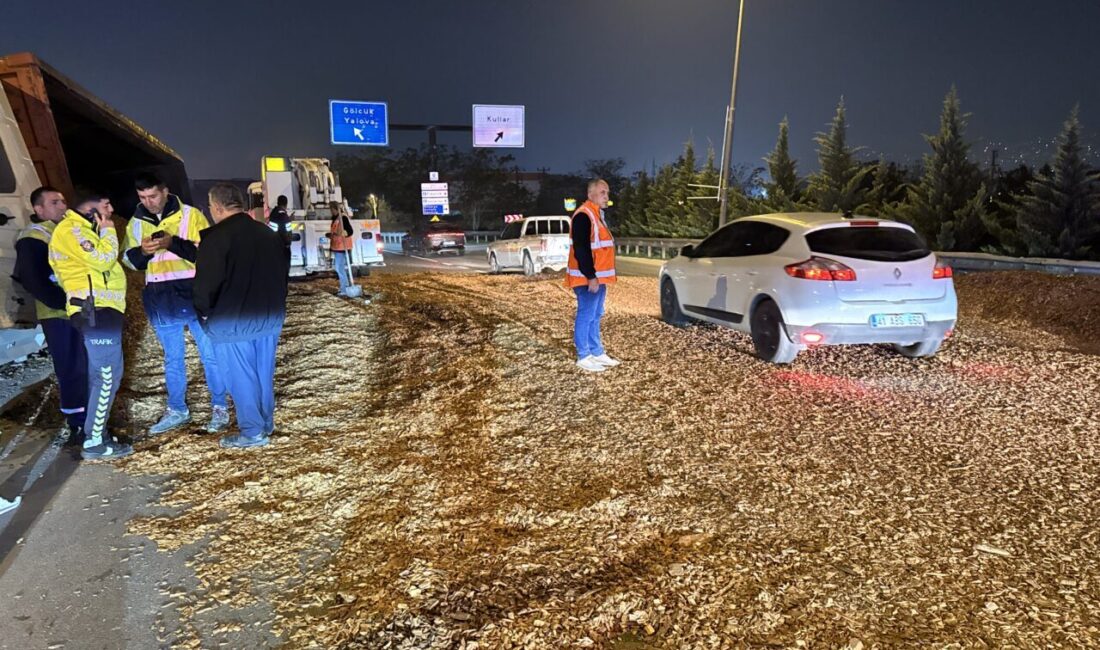  Kocaeli’nin Başiskele ilçesinde yonga taşıyan bir tır virajı alamayarak devrildi.