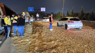  Kocaeli’nin Başiskele ilçesinde yonga taşıyan bir tır virajı alamayarak devrildi.