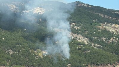 Muğla'nın Kavaklıdere ilçesinde ormanlık alanda çıkan yangına havadan ve karadan