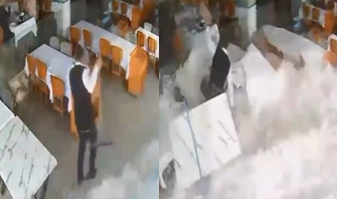Antalya’nın Alanya ilçesinde yükselen dalgalar sahilde bulunan bir balık lokantasını