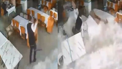 Antalya’nın Alanya ilçesinde yükselen dalgalar sahilde bulunan bir balık lokantasını